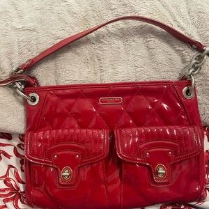 Coach Red Patent Leather Quilted Shoulder Bag with Dual Front Pockets